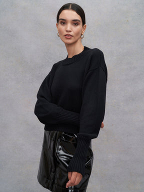 PULL SUN - Short sweater in Oeko Tex merino wool with Victorian-inspired sleeves and tightened cuffs Black Sweater Fête Impériale
