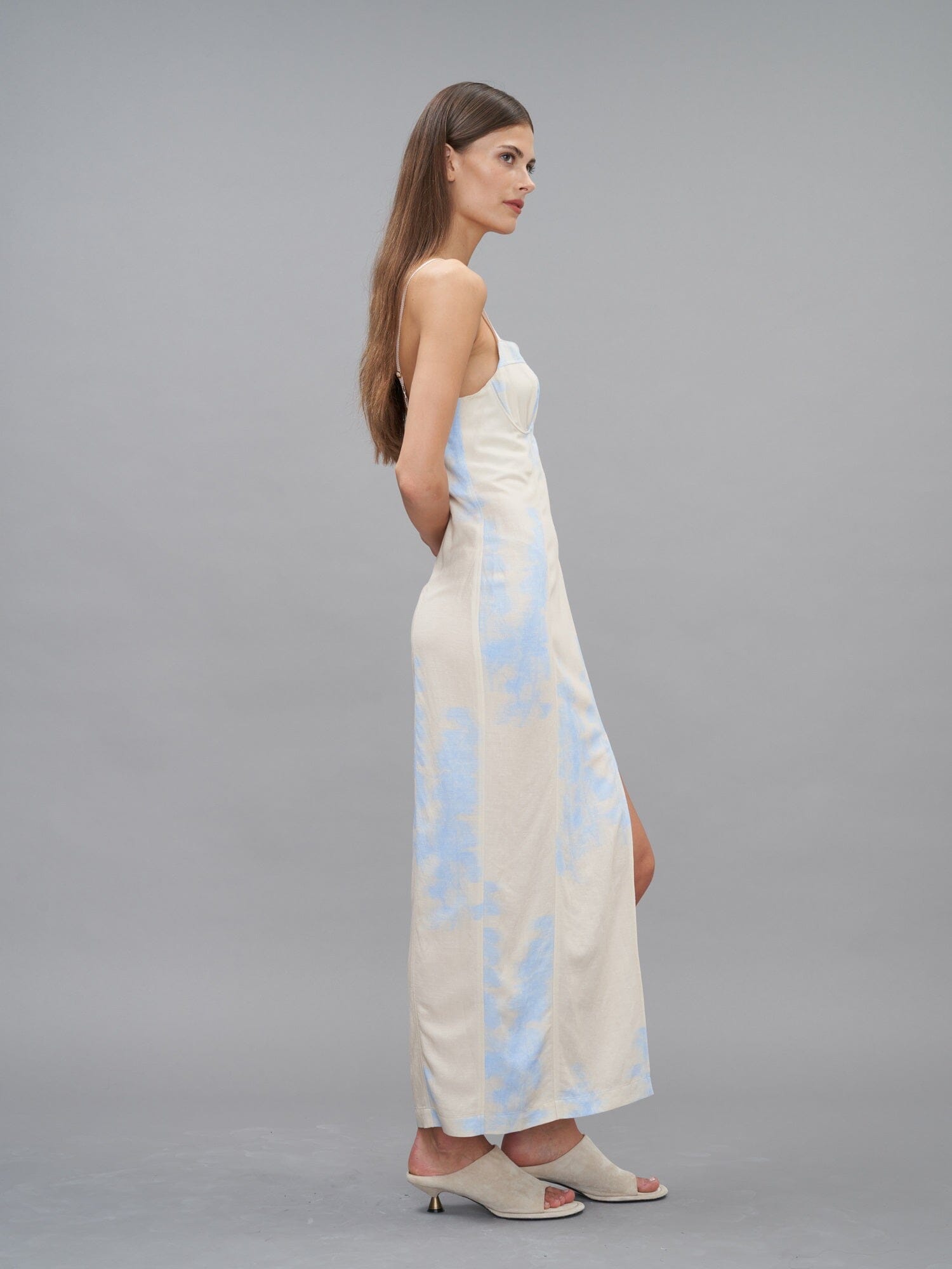 RAPHAELLE - Strapless slit maxi dress in viscose Linen  Abstract Ice Melt Top print Fête Impériale