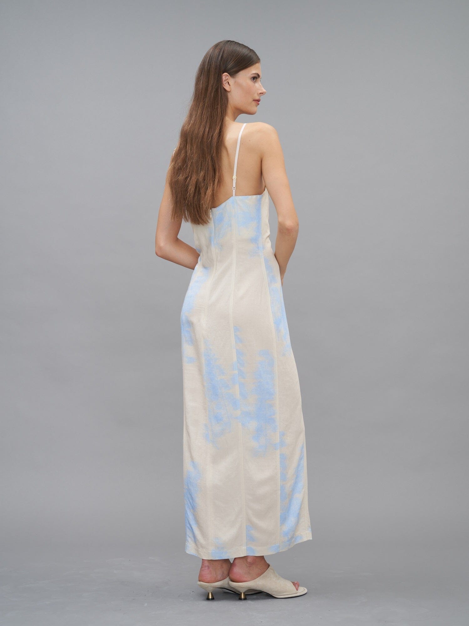 RAPHAELLE - Strapless slit maxi dress in viscose Linen  Abstract Ice Melt Top print Fête Impériale