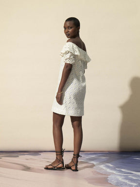 RIO - Bardot off shoulder short dress in tulle embroidered with daisies Ecru Dress Fête Impériale