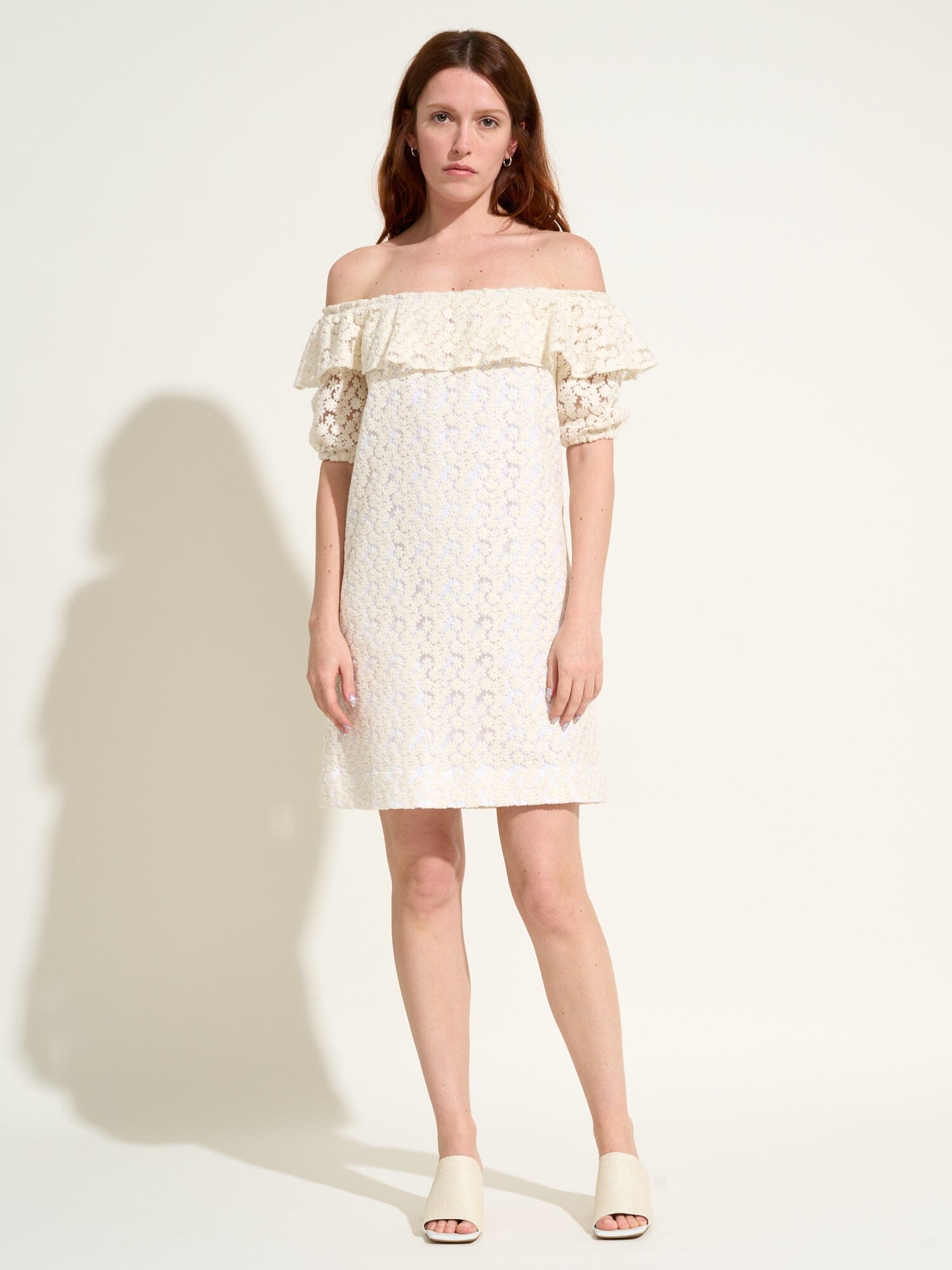 RIO - Bardot off shoulder short dress in tulle embroidered with daisies Ecru Dress Fête Impériale