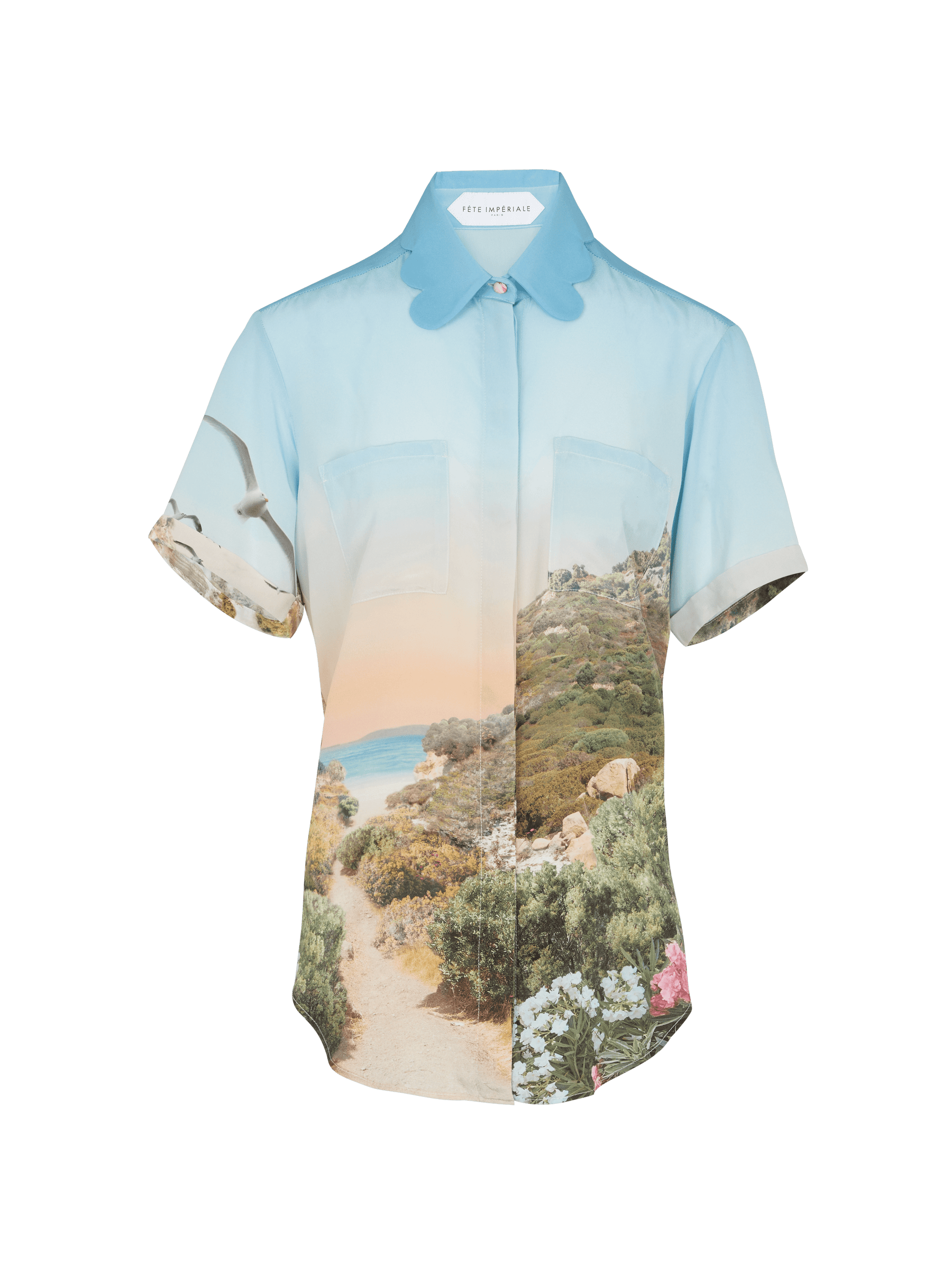 ROSERAIE - Short-sleeved shirt with petal collar in printed silk crepe Small Corsica Shirt Fête Impériale