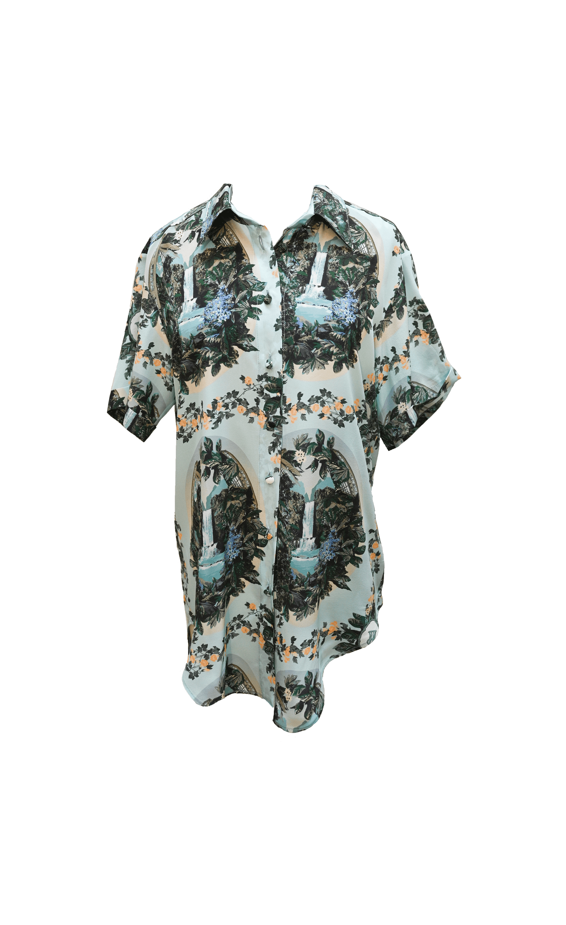 ROSERAIE - Short-sleeved printed silk crepe shirt Large Cascade Shirt Fête Impériale