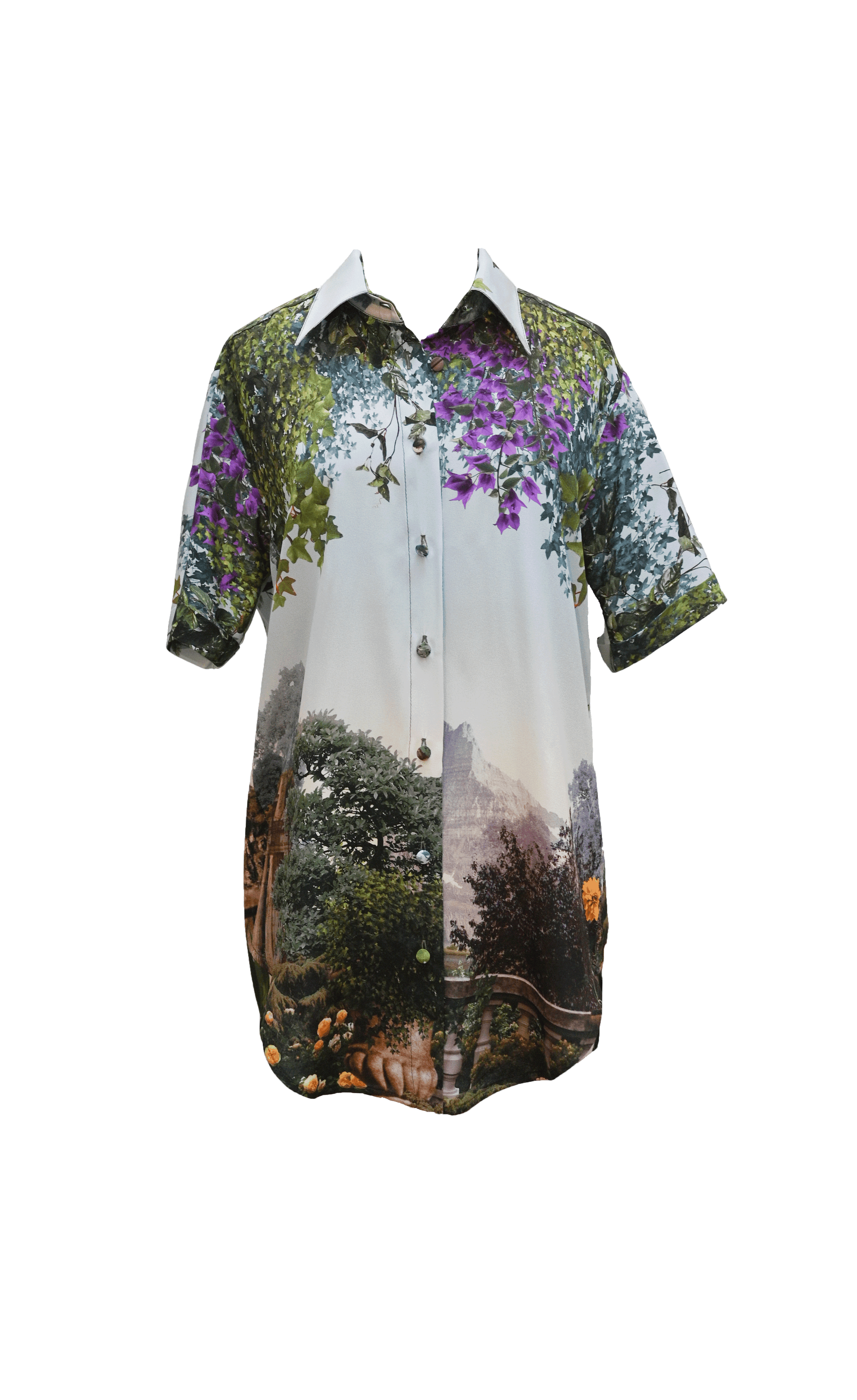 ROSERAIE - Short-sleeved printed silk crepe shirt Jardin Suspendu Shirt Fête Impériale