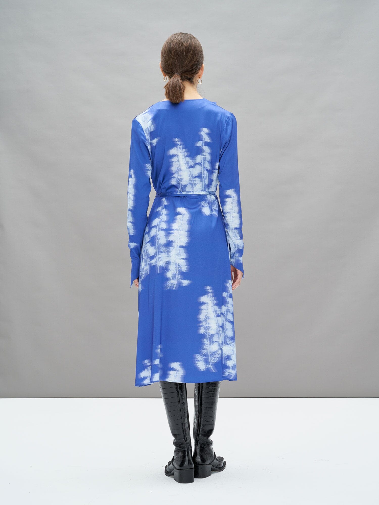 SAIMA - Abstract Dazzling Blue/Ice Melt Printed Viscose Satin Wrap Maxi Dress Fête Impériale