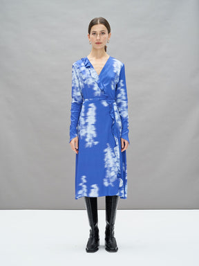 SAIMA - Abstract Dazzling Blue/Ice Melt Printed Viscose Satin Wrap Maxi Dress Fête Impériale