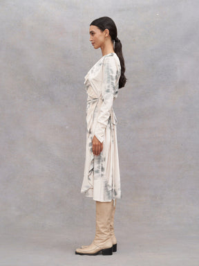 SAIMA - Velvet Oeko-Tex ruffled wrap maxi dress Abstract Tofu/Green Forest print Dress Fête Impériale