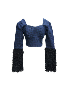 SAKARIA - Long-sleeved heart-shaped crop top in blue denim and black feathers Top Fête Impériale