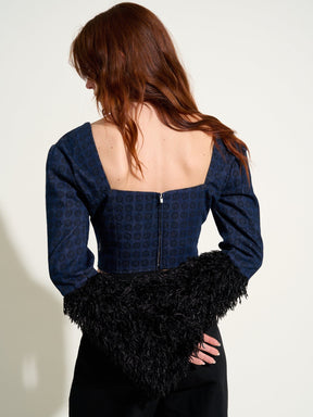 SAKARIA - Long-sleeved heart-shaped crop top in blue denim and black feathers Top Fête Impériale