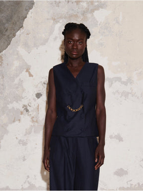 SAN LORENZO - Sleeveless double-breasted vest with chain in twill wool and Cotton navy Waistcoat Fête Impériale