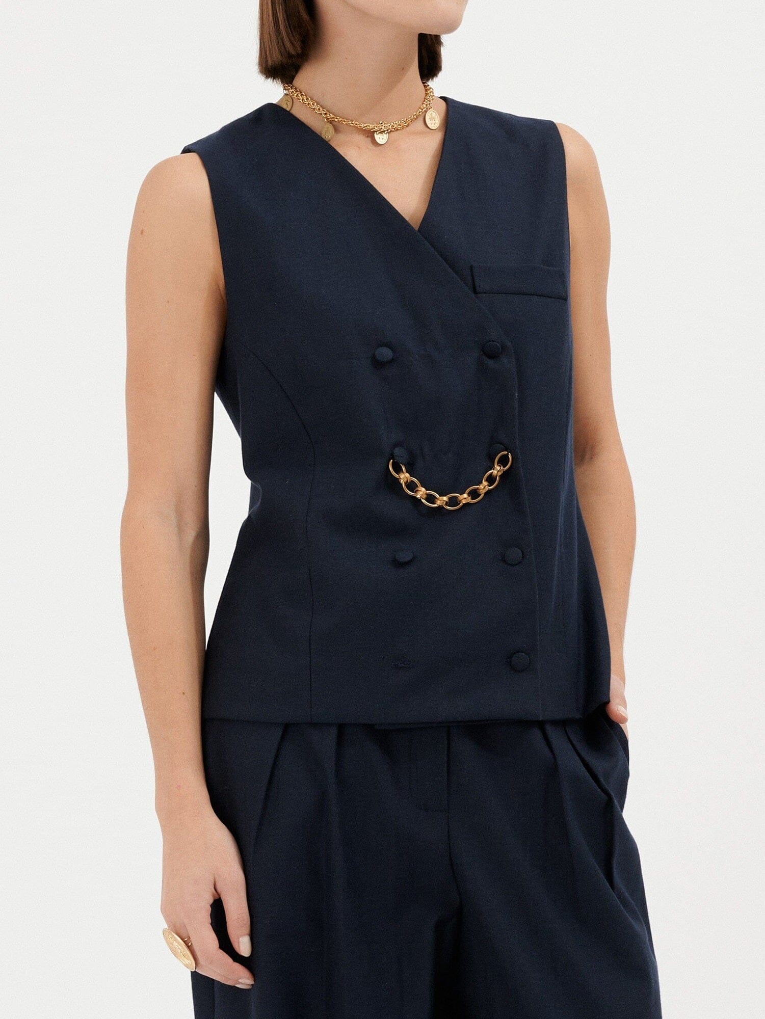 SAN LORENZO - Sleeveless double-breasted vest with chain in twill wool and Cotton navy Top Fête Impériale