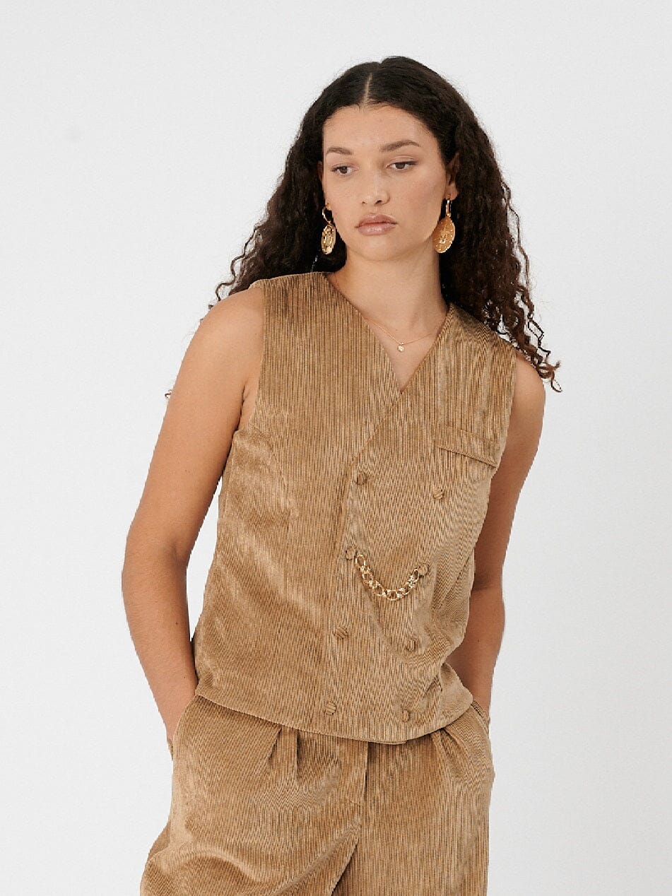 SAN LORENZO - Double-breasted sleeveless vest with beige corduroy chain Top Fête Impériale