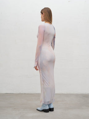 SARTENE - Oeko-Tex Reborn print stretch tulle long dress with long sleeves Dress Fête Impériale