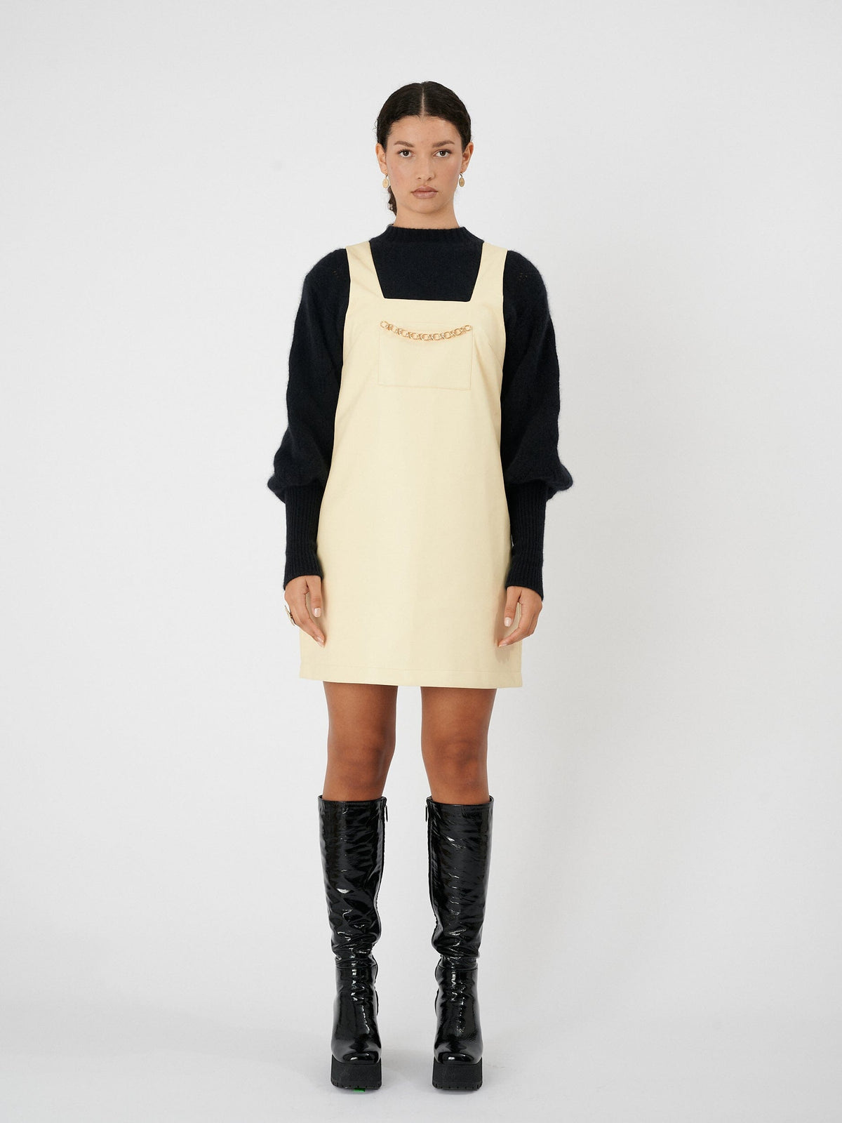 SASHA - Chasuble dress with gold chain in recycled leather Yellow Dress Fête Impériale