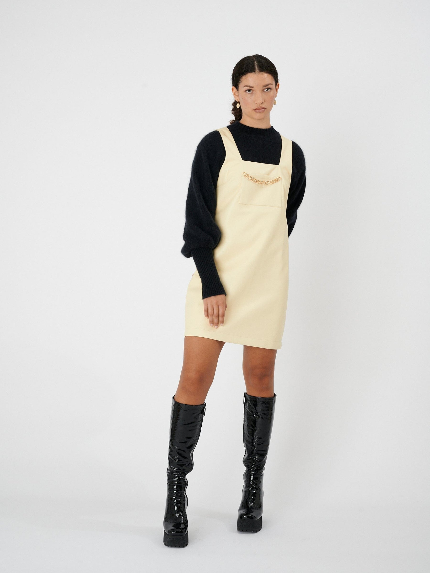 SASHA - Chasuble dress with gold chain in recycled leather Yellow Dress Fête Impériale