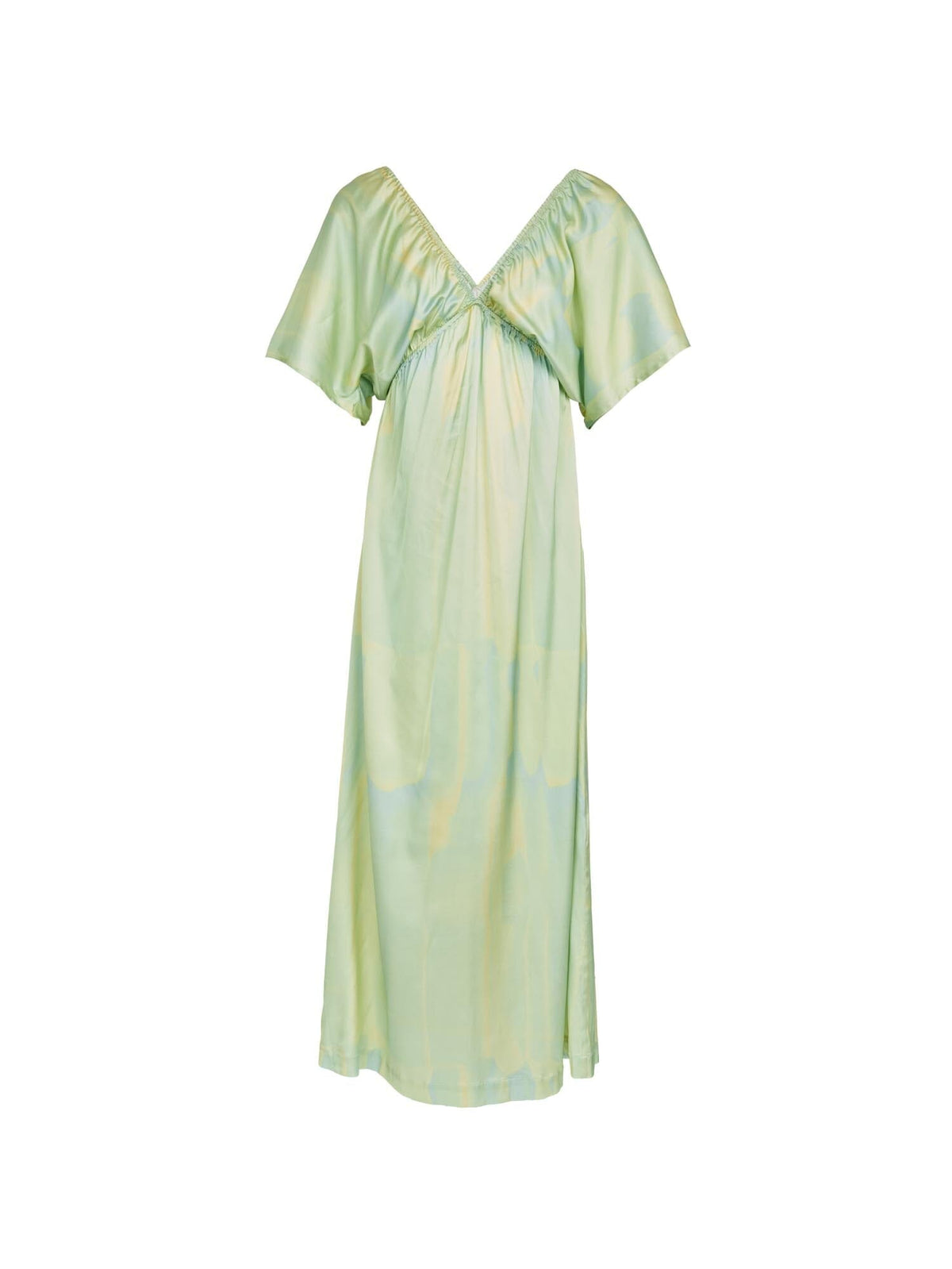 SHAHNAZ - Caftan long dress with short flared sleeves in viscose Linen  Tie & Dye print Green Dress Fête Impériale