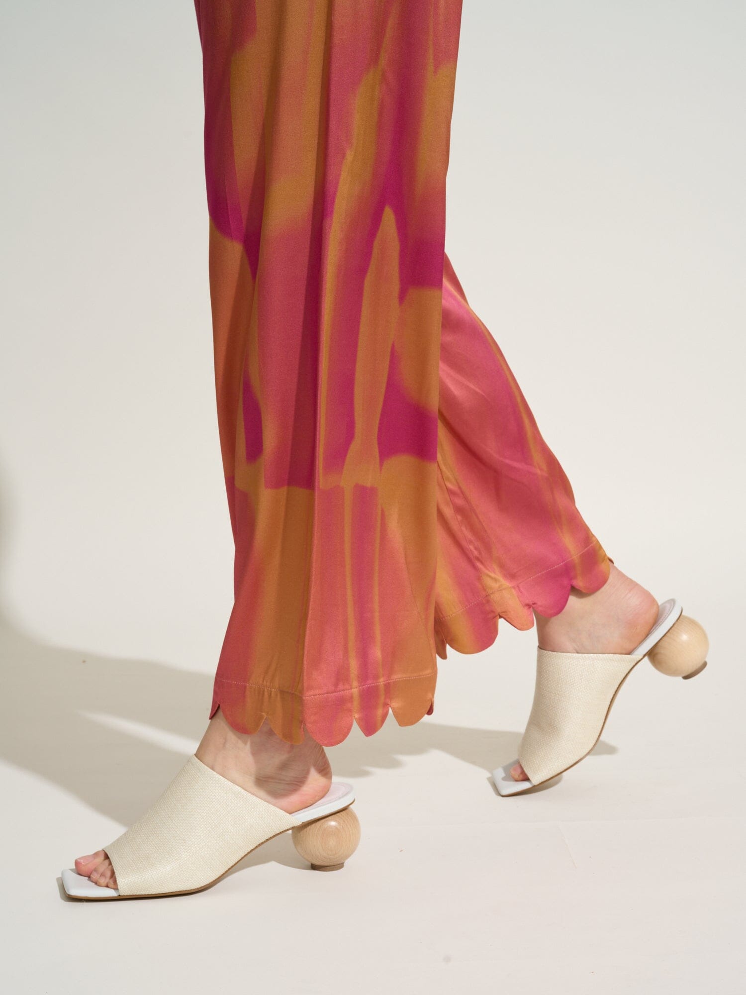 SIFNOS - Tie & Dye Fuchsia Printed Viscose Satin Wide Leg Pants with Elasticated Bottom and Petal Detail Pants Fête Impériale