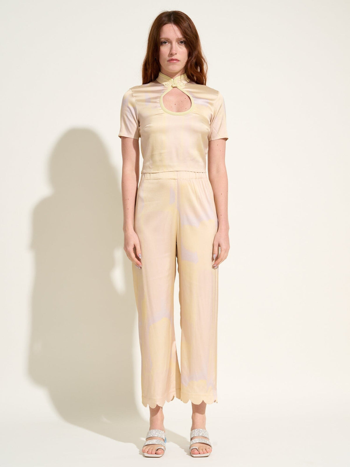 SIFNOS - Tie & Dye printed viscose satin high-waisted pants with elasticated bottom and petal finish Yellow Trousers Fête Impériale