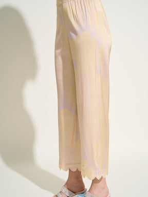 SIFNOS - Tie & Dye printed viscose satin high-waisted pants with elasticated bottom and petal finish Yellow Trousers Fête Impériale