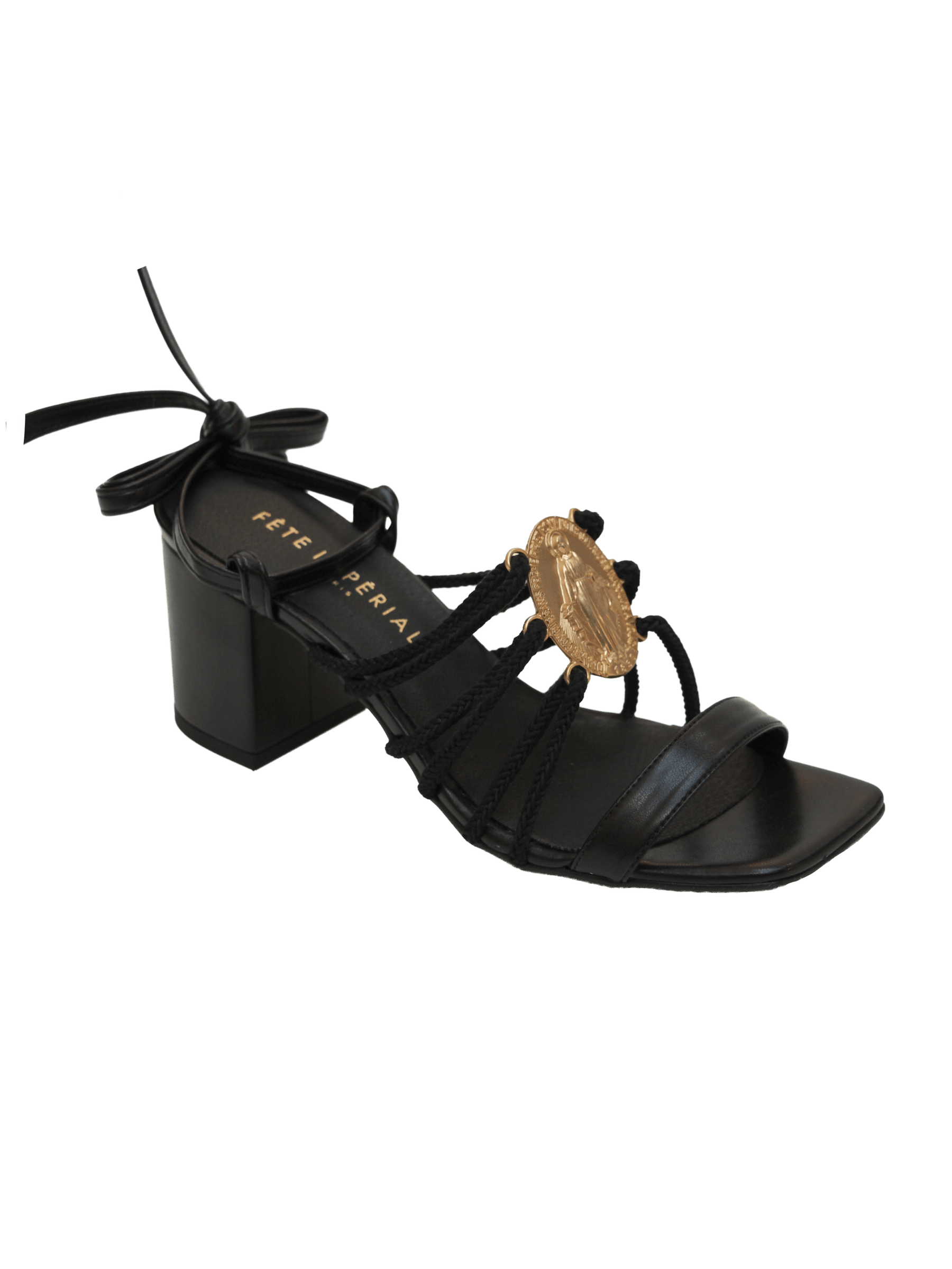 Heeled spartan shoes with straps and black Virgin Miraculous medallion Shoes Fête Impériale