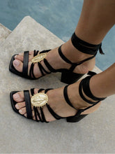 Heeled spartan shoes with straps and black Virgin Miraculous medallion Shoes Fête Impériale