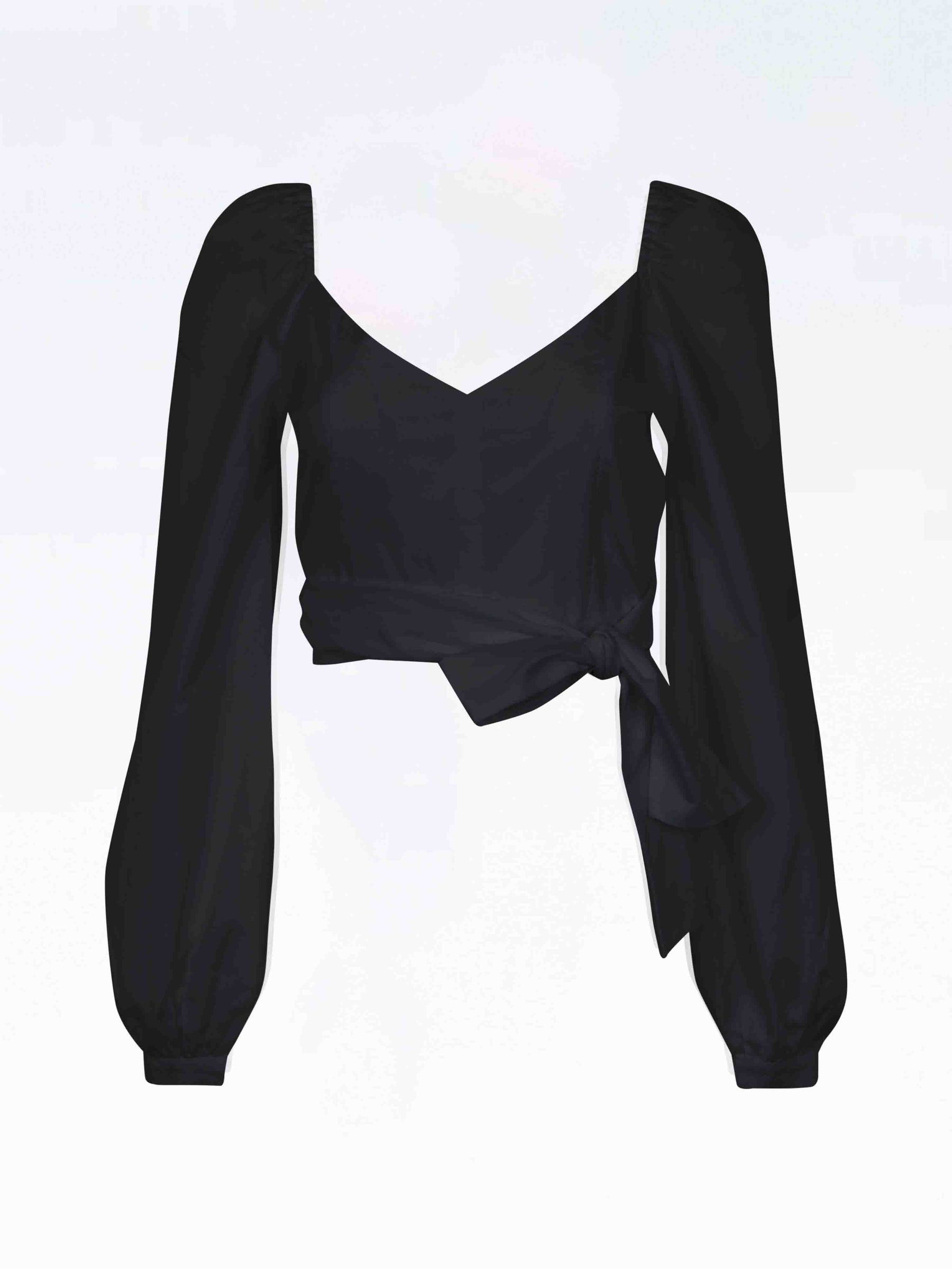 SPERONE - Cropped wrap-around blouse with long sleeves in Cotton Castiglia Black Blouse Fête Impériale