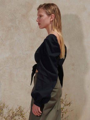 SPERONE - Cropped wrap-around blouse with long sleeves in Cotton Castiglia Black Blouse Fête Impériale