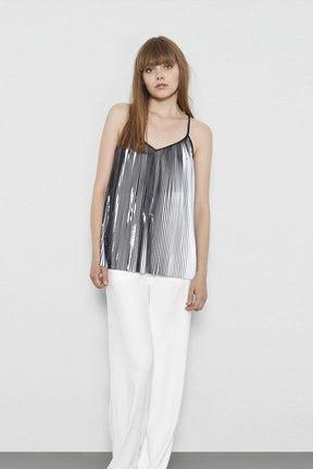 TELLIER - Black and white pleated fabric thin straps top Top Fête Impériale