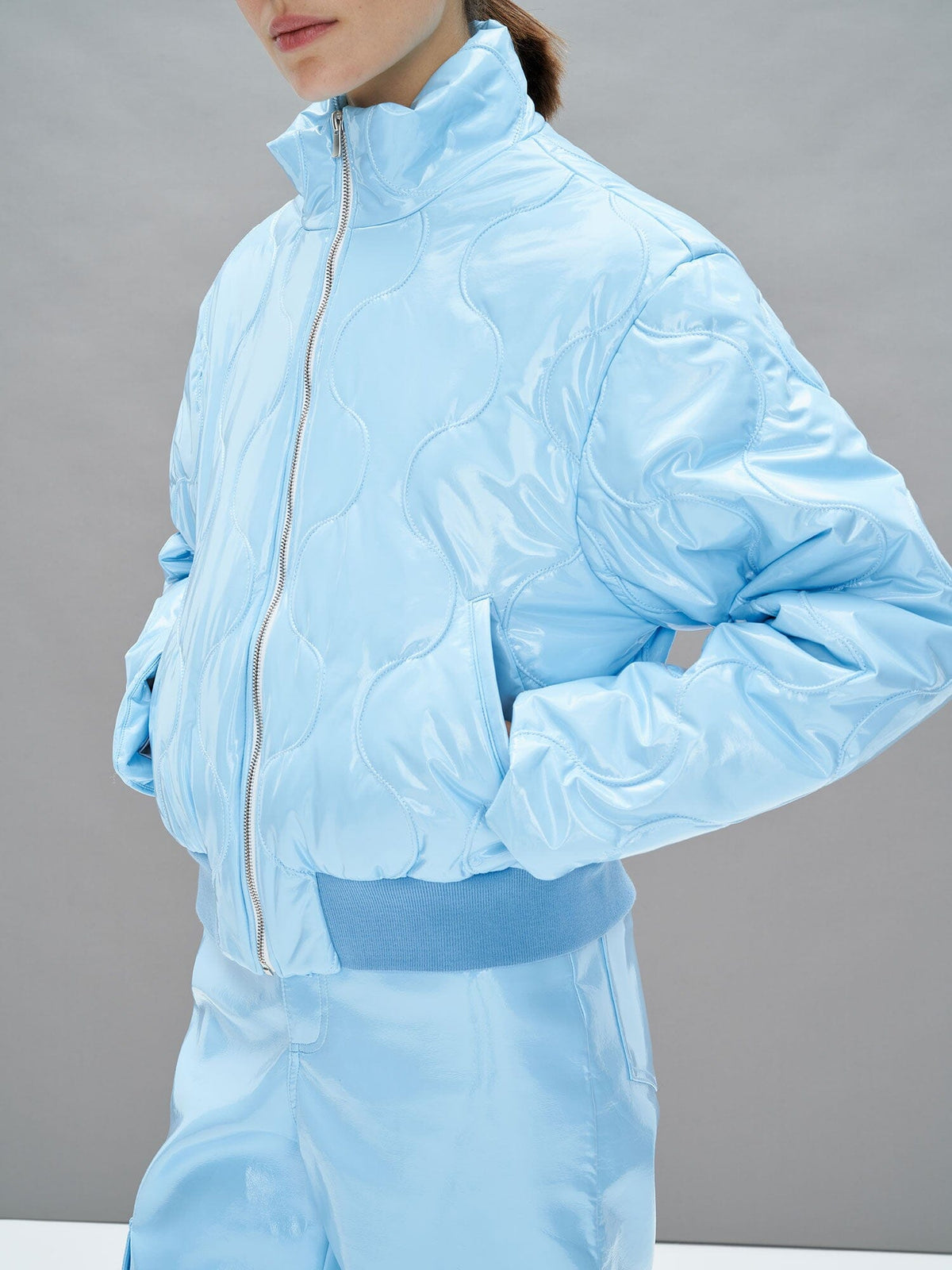 TSUMIS - Short padded vinyl jacket with pointed sleeves Blue Padded jacket Fête Impériale