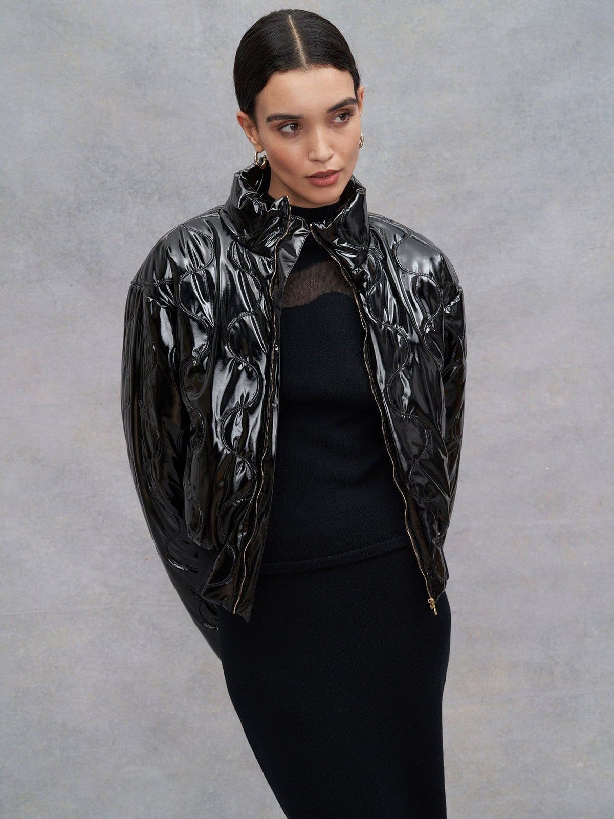 TSUMIS - Short quilted vinyl padded jacket with pointed sleeves Black Padded jacket Fête Impériale