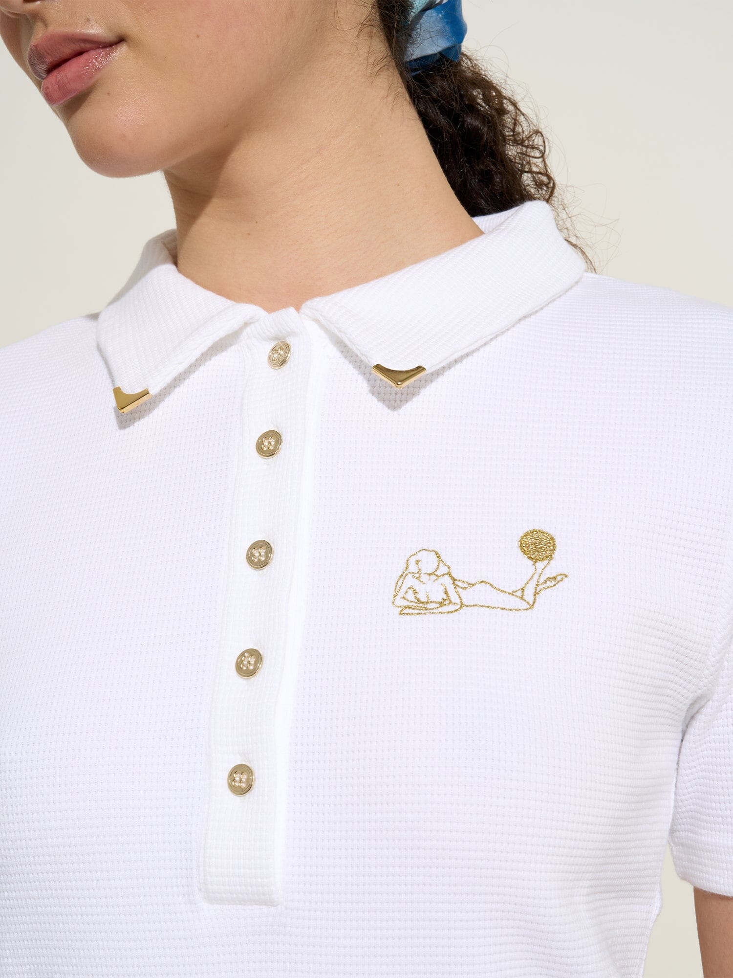 VENUS - Fitted short-sleeved polo shirt embroidered in organic piqué jersey Cotton White Top Fête Impériale