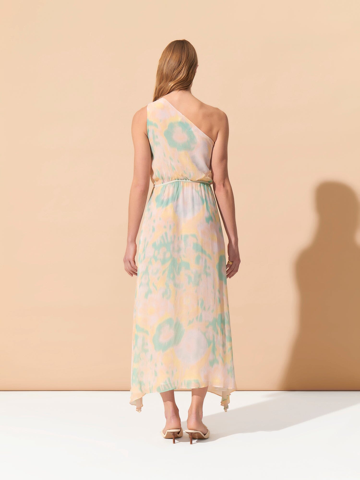 VESTALE - Long dress with asymmetrical straps tied in a silk chiffon flower print Dress Fête Impériale