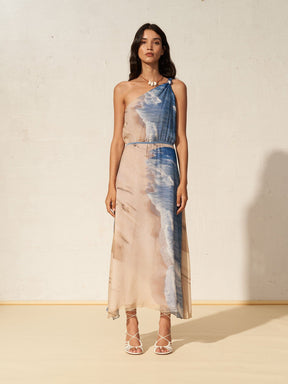 VESTALE - Asymmetrical strapless long dress in silk chiffon Pelican Bay print Dress Fête Impériale