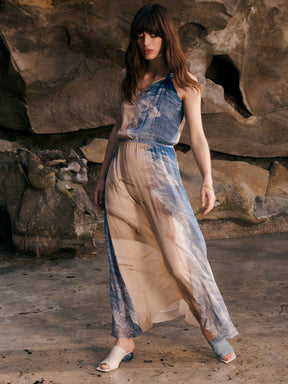 VESTALE - Asymmetrical strapless long dress in silk chiffon Pelican Bay print Dress Fête Impériale