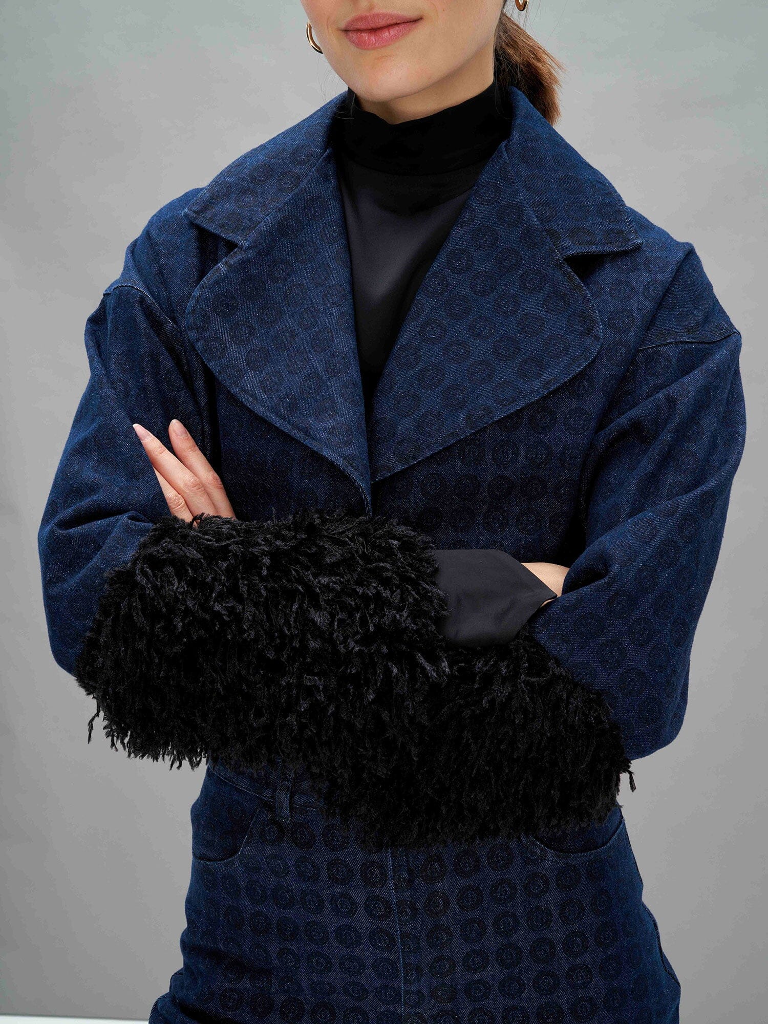 ZADIE - Blue Denim Blazon & Feather Print Short Loose Jacket with Beveled Sleeves Black Jacket Fête Impériale