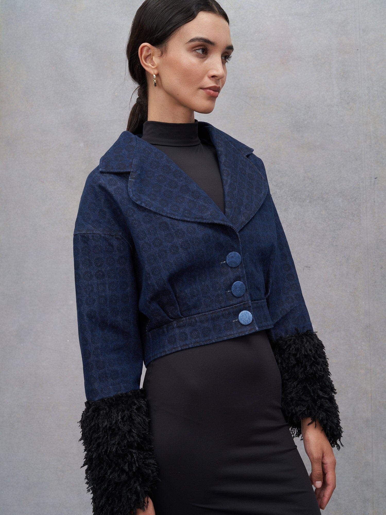 ZADIE - Blue Denim Blazon & Feather Print Short Loose Jacket with Beveled Sleeves Black Jacket Fête Impériale