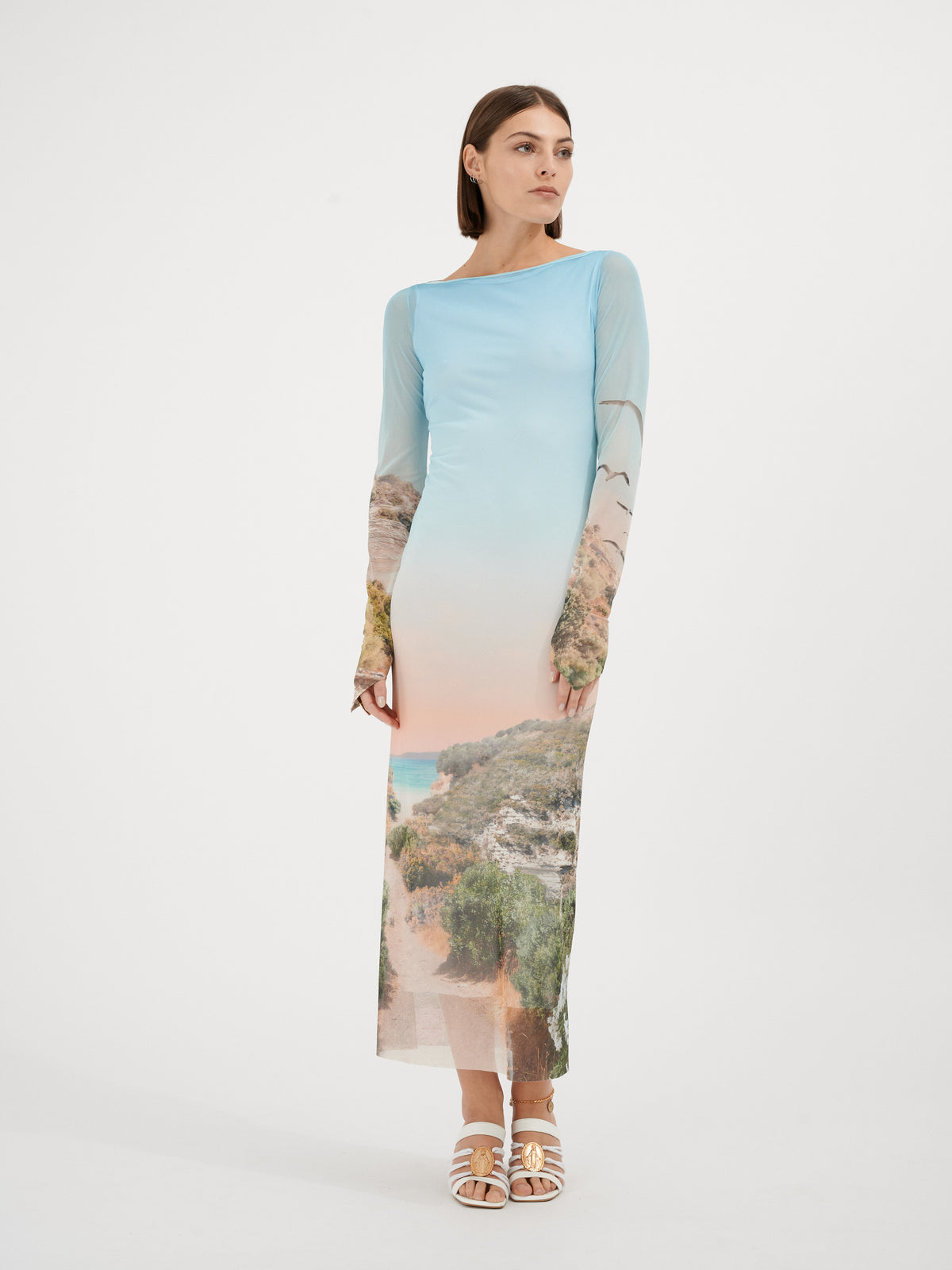SARTENE - Oeko-Tex printed stretch tulle long sleeve fitted dress Large Corsica