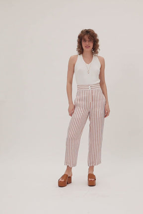 RAYMOND - High-waisted straight-leg pants in white and beige striped Linen